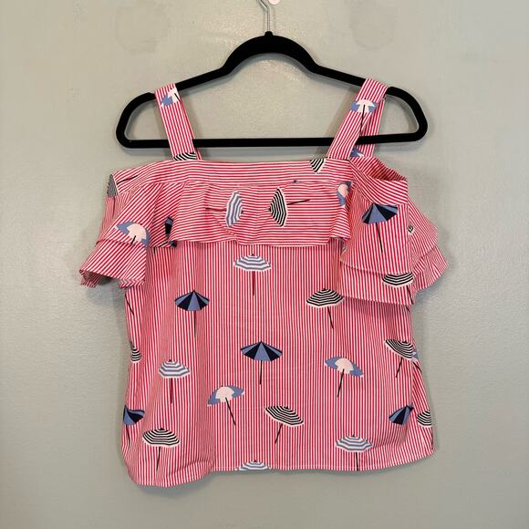 Draper James Top S Summer Umbrella Cotton Stripes Beach Ruffle Cold Shoulder Red - Picture 2 of 7